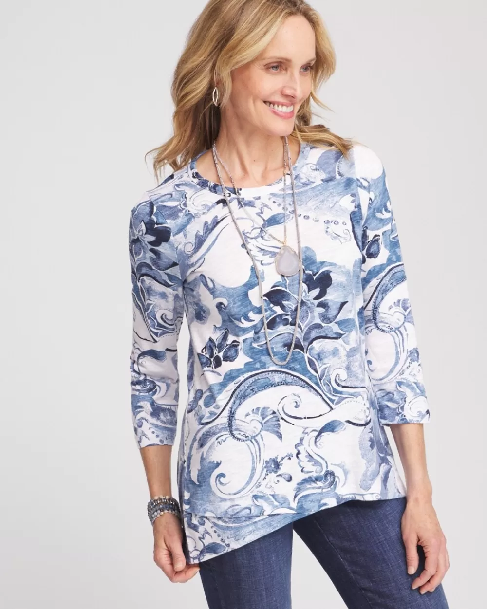 Outlet 3/4 Sleeve Floral Overlap Tunic Tops