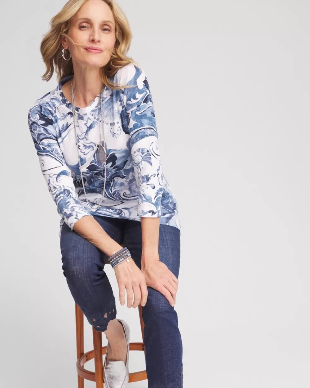 Outlet 3/4 Sleeve Floral Overlap Tunic Tops