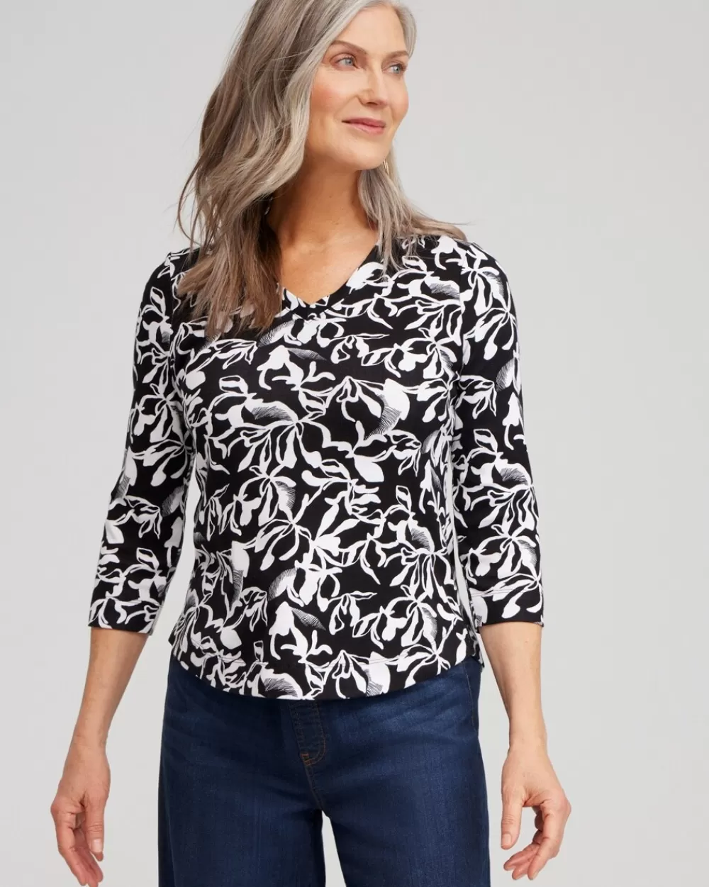 Cheap Abstract Print V-neck 3/4 Sleeve Tee Tops