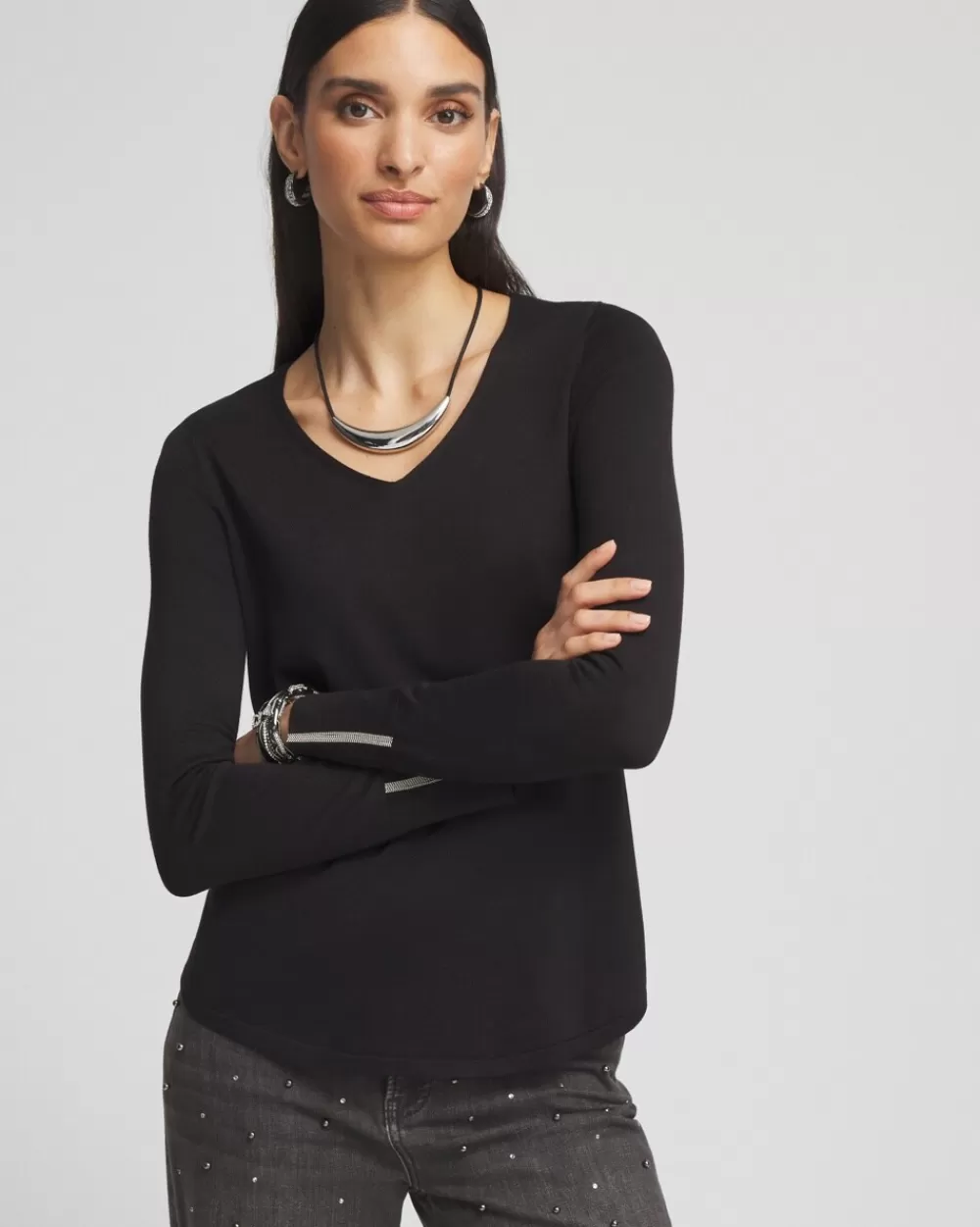 Cheap Caviar Trim V-Neck Pullover Sweater Sweaters