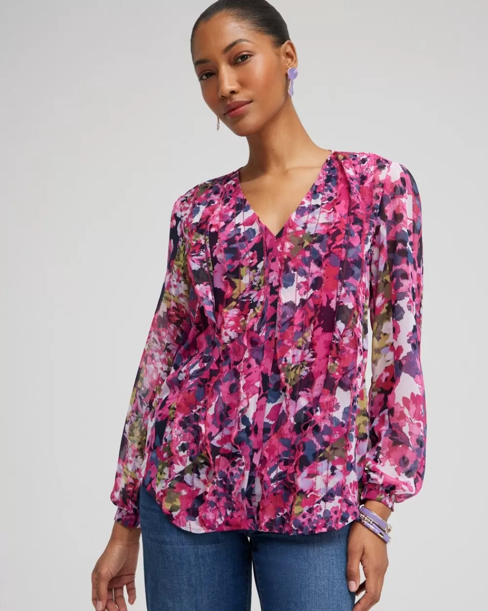 Cheap Chiffon Floral Ruffle Blouse Tops