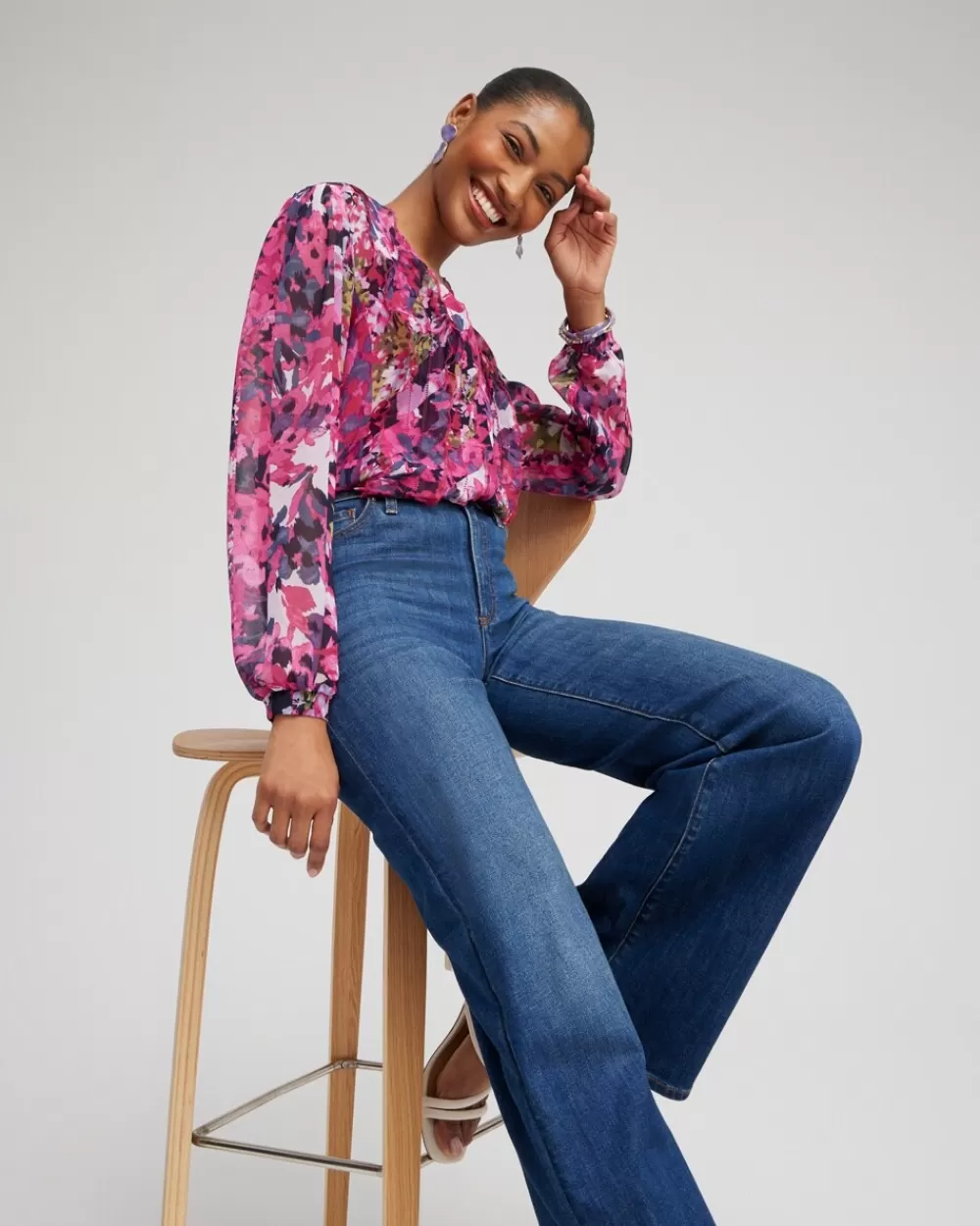 Cheap Chiffon Floral Ruffle Blouse Tops