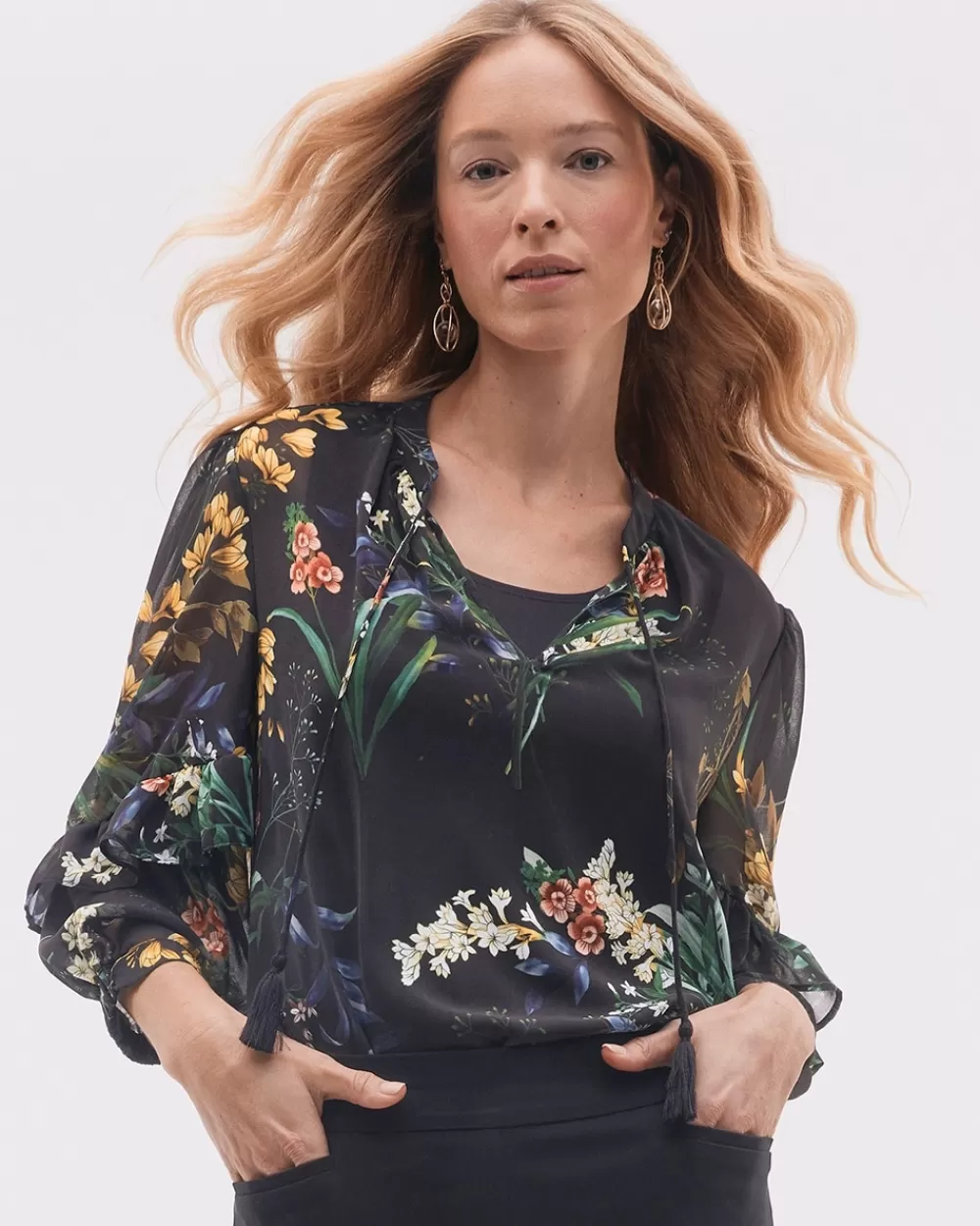 Cheap Chiffon Floral Ruffle Sleeve Blouse Tops