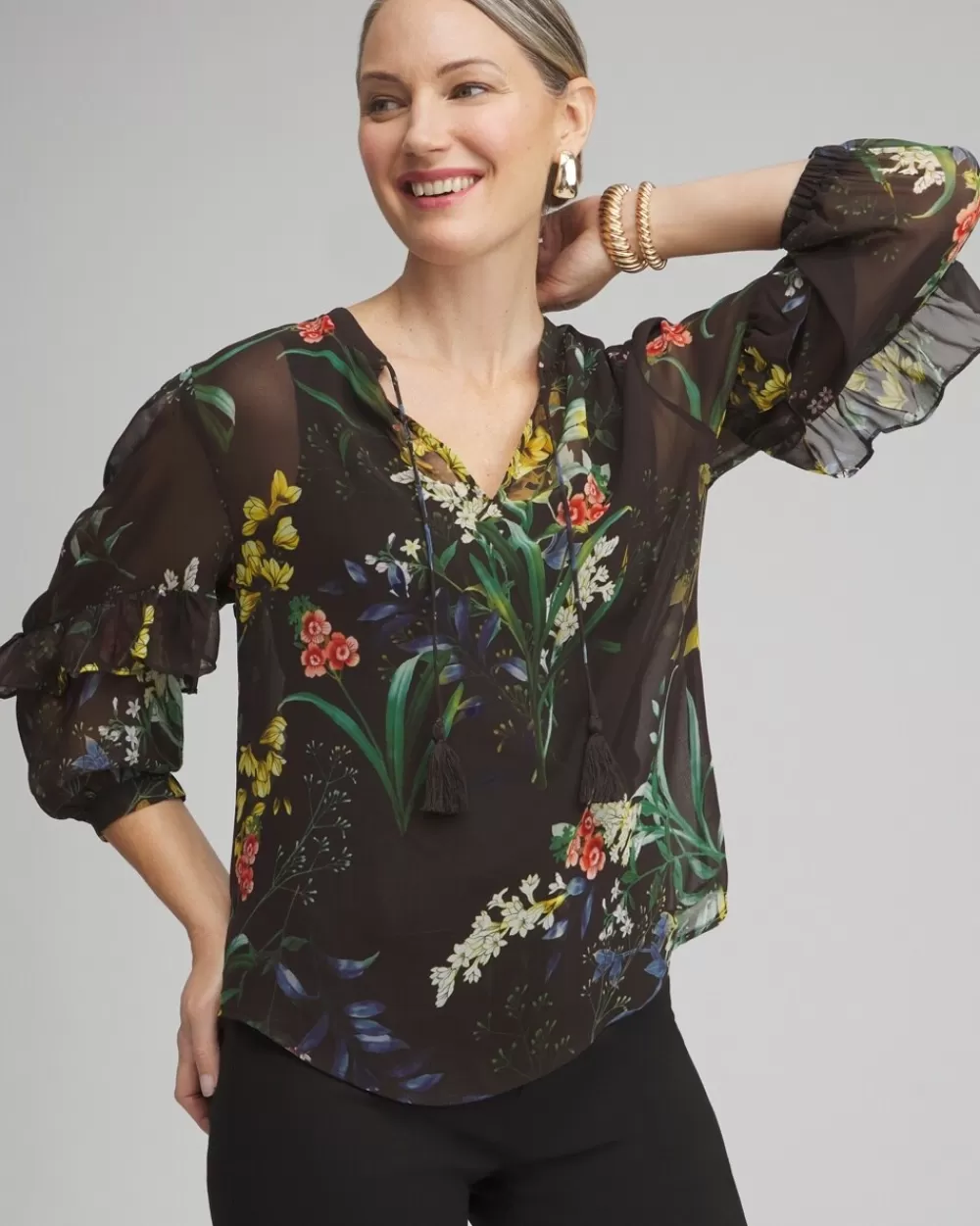 Cheap Chiffon Floral Ruffle Sleeve Blouse Tops