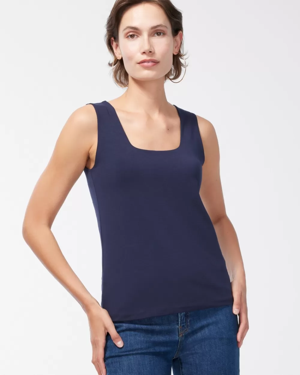 Cheap Contour Cotton&#8482 Navy Square Neck Tank Tops