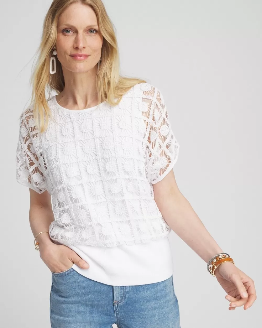 Store Crochet Trim Banded Hem Tee Tops