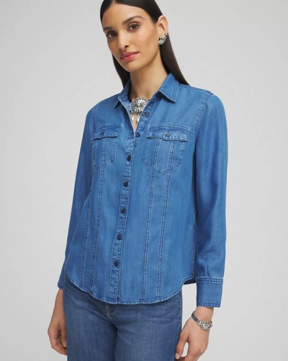 Discount Denim Split Cuff Pocket Shirt Tops