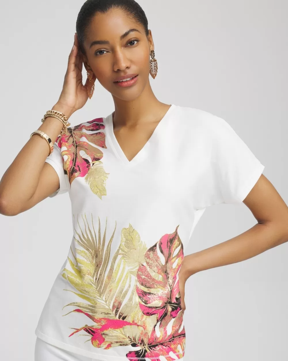 Flash Sale Dolman Foil Leaf Print Tee Tops