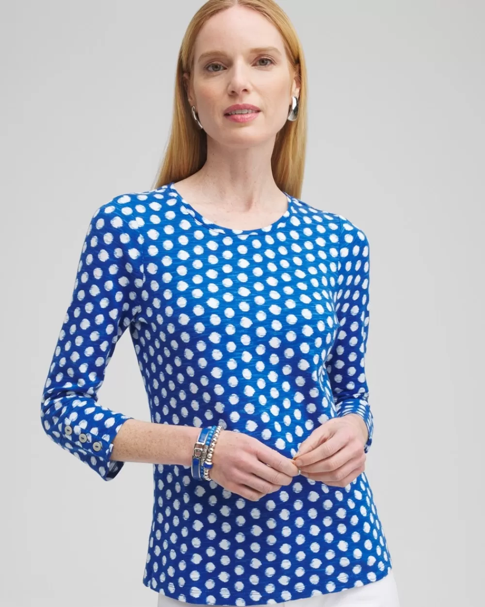 Cheap Dot Print 3/4 Sleeve Button Tee Tops