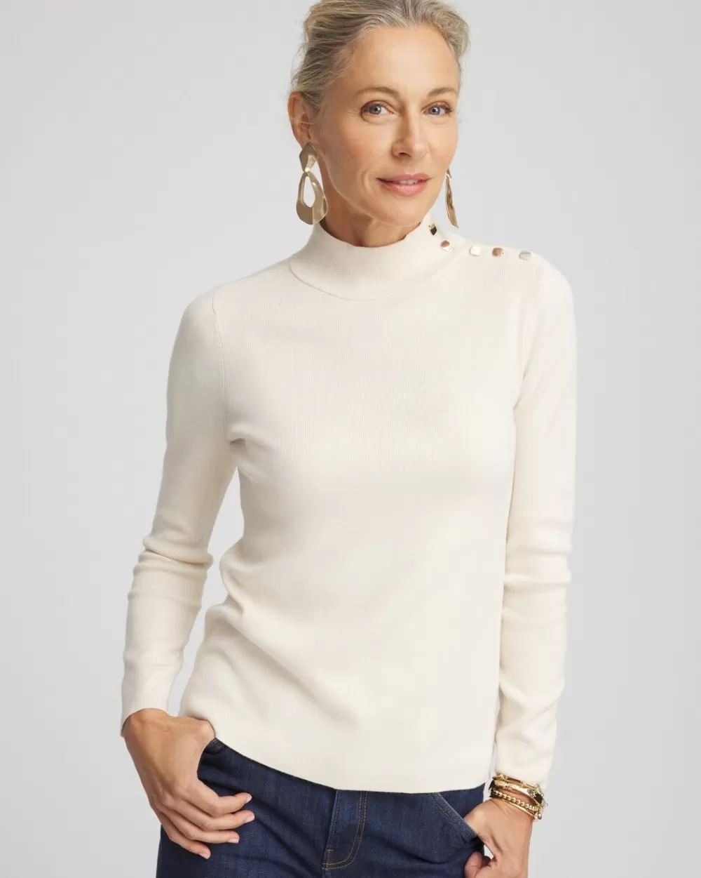 Flash Sale Ecovero™ Button Mock Neck Sweater Sweaters