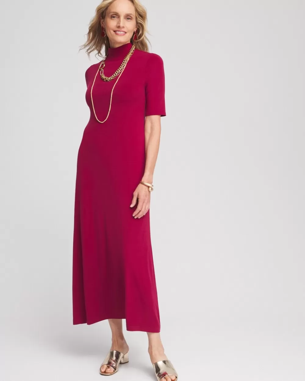 Best Sale Elbow-sleeve Mock Neck Maxi Dress Dresses