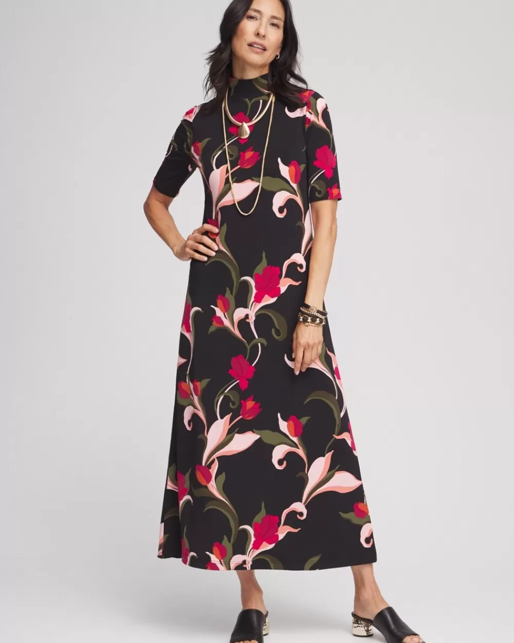 Store Elbow-sleeve Mock Neck Maxi Dress Dresses