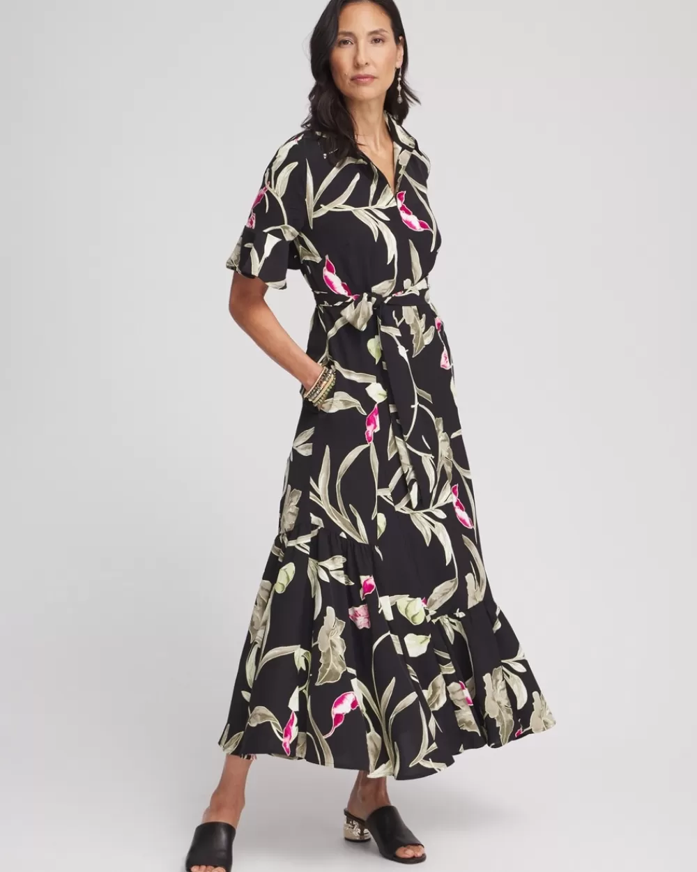 Online Elbow-sleeve Tiered Maxi Dress Dresses