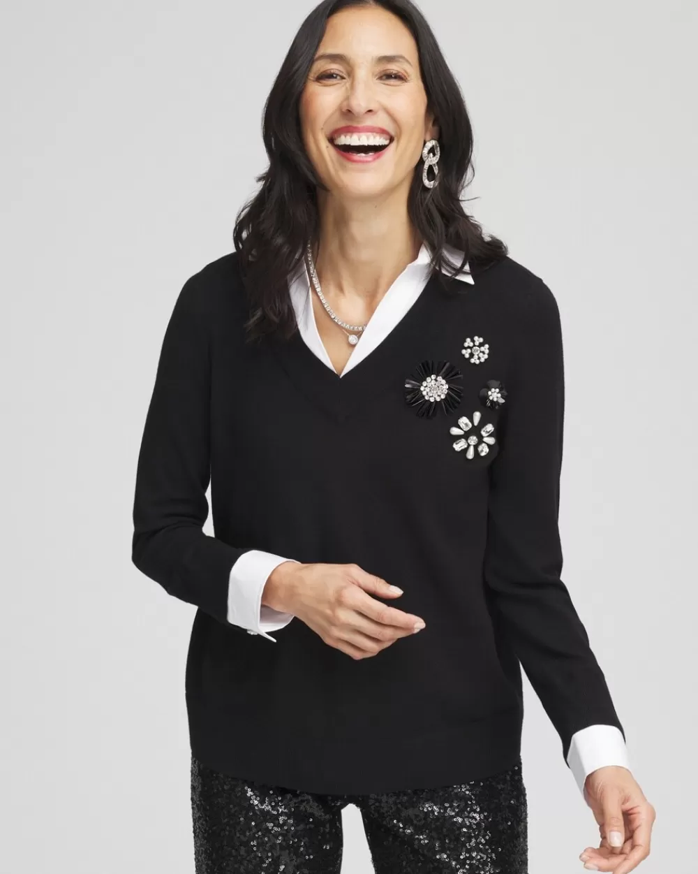 Shop Embellished Built-In Shirt Knit Sweater Sweaters