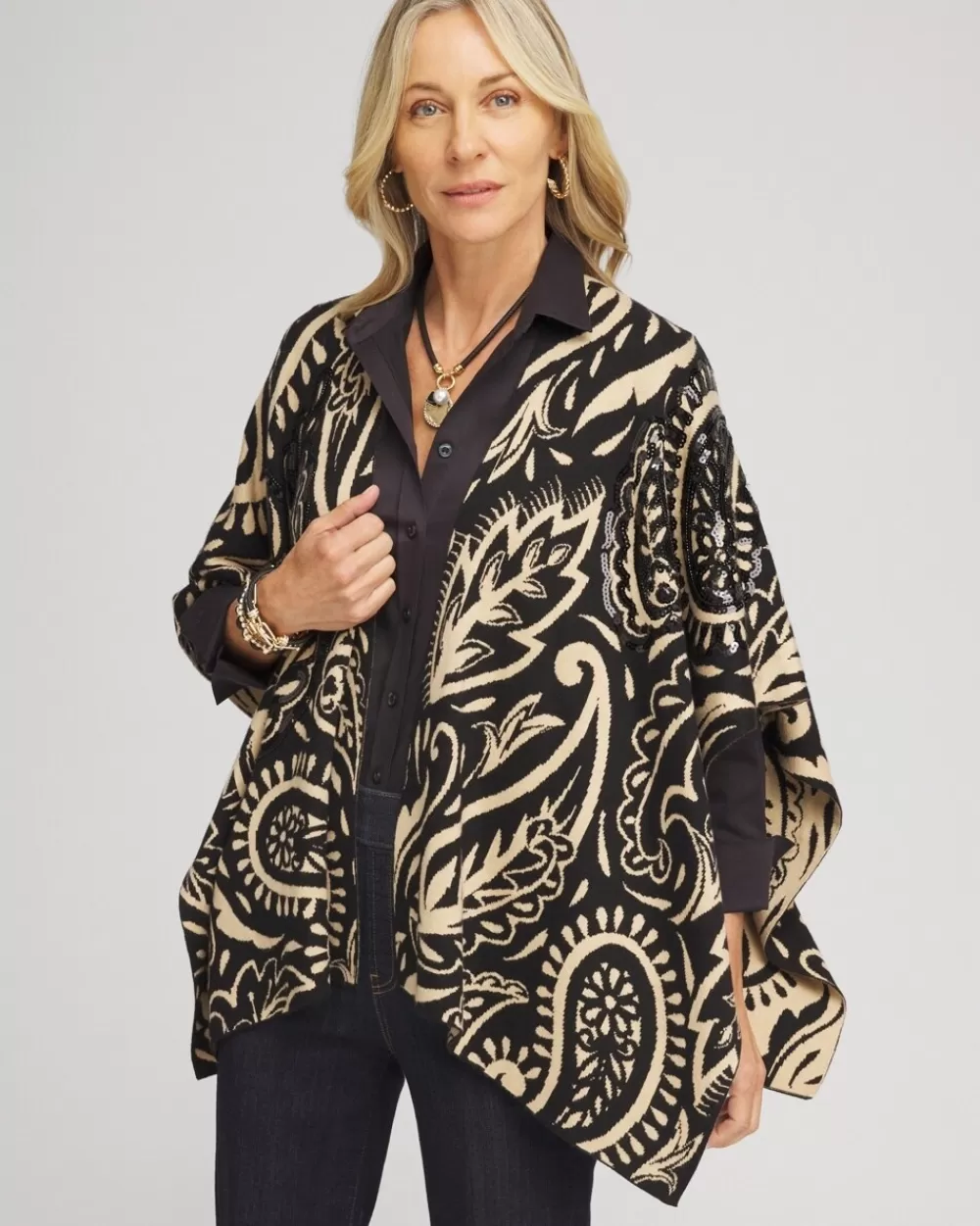 Hot Embellished Paisley Sweater Ruana Tops | Ponchos & Ruanas