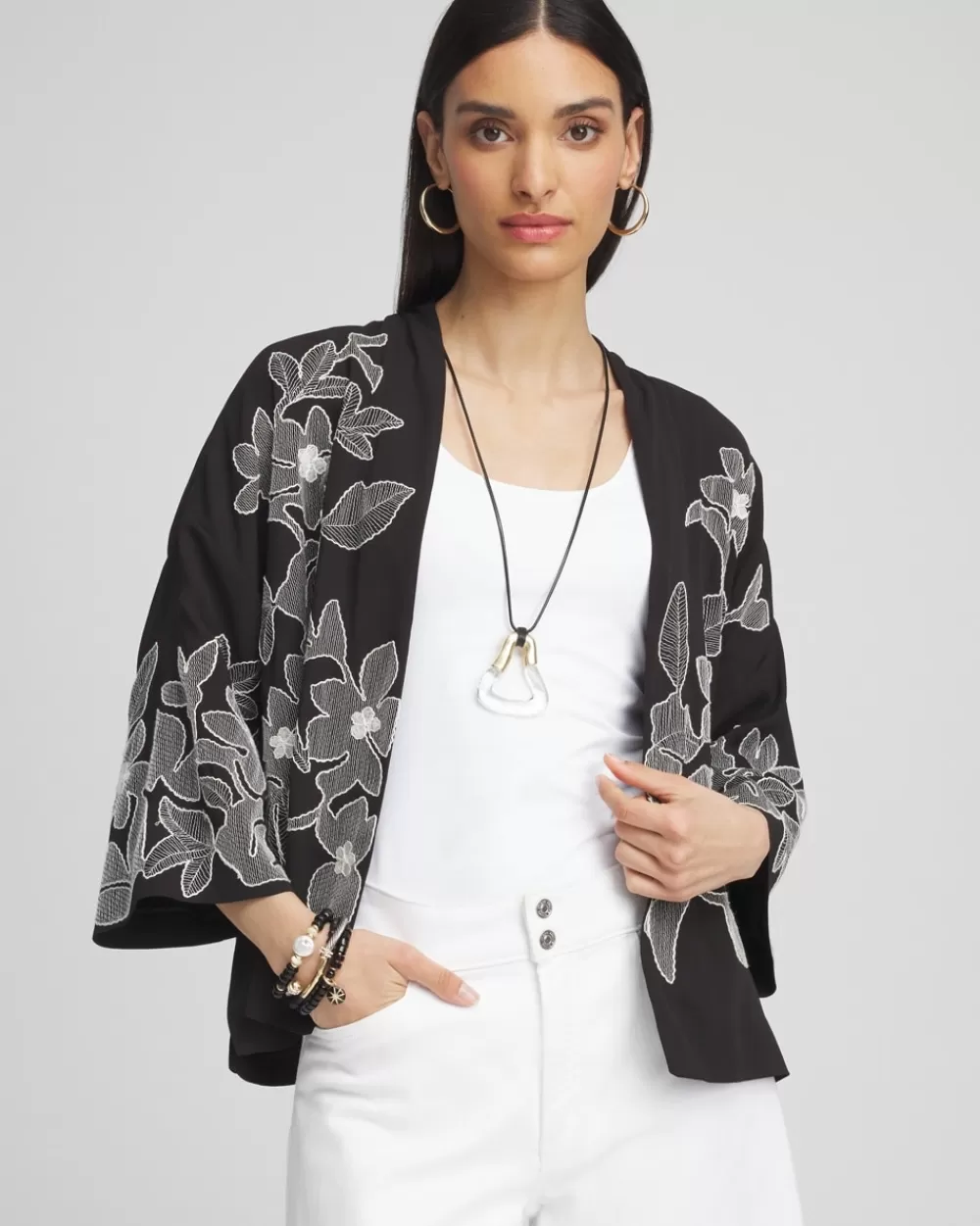 Hot Embroidered Floral Kimono Tops