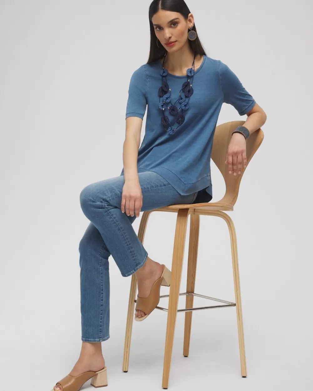 Store Faux Denim Asymmetrical Tee Tops