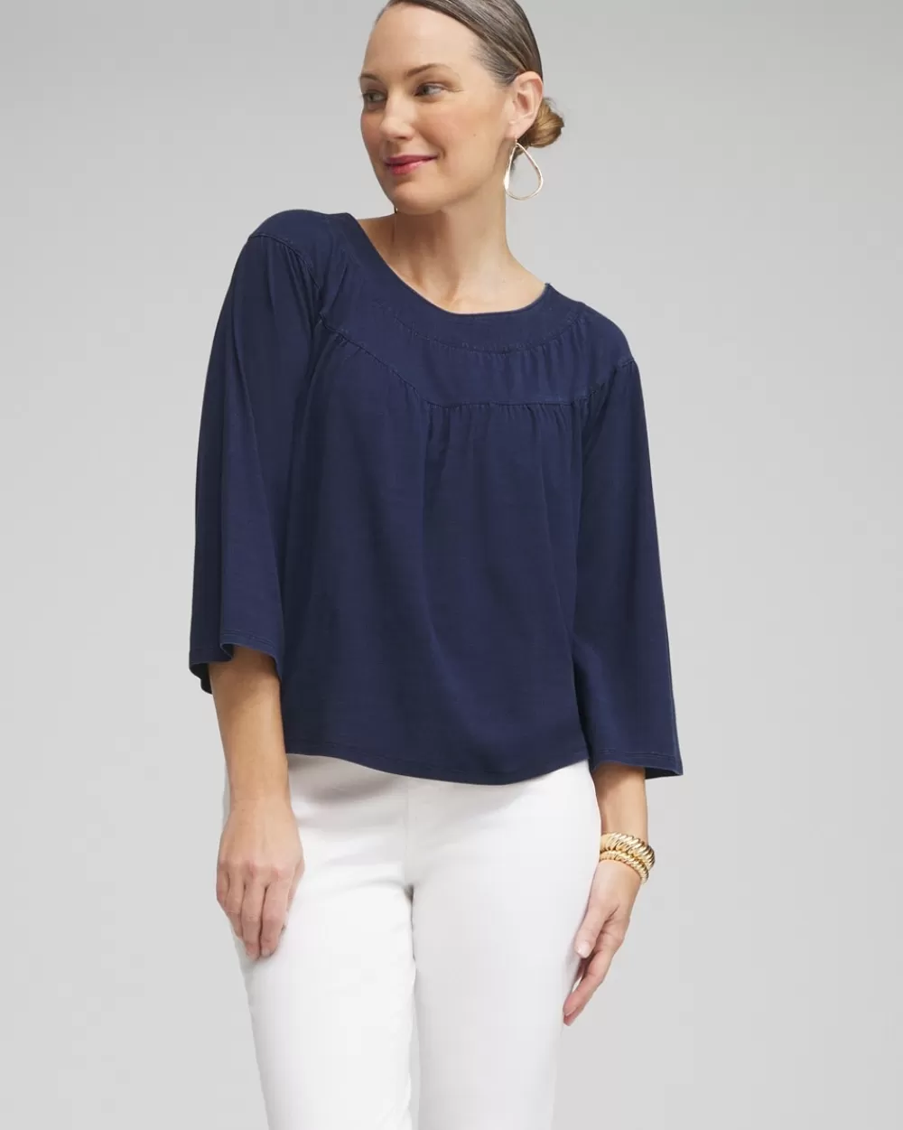 Online Faux Denim Eyelet Trim Top Tops