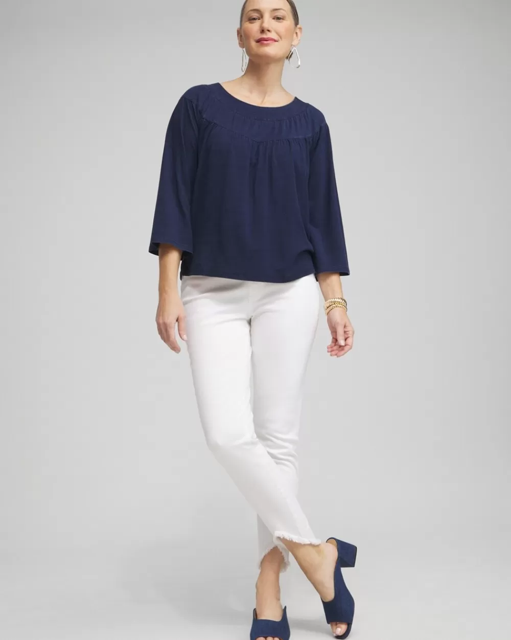 Online Faux Denim Eyelet Trim Top Tops