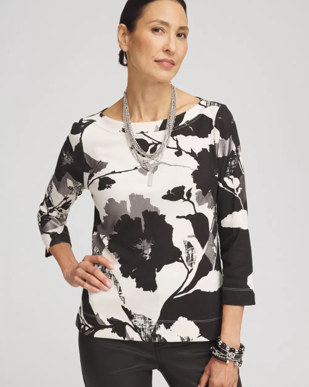 Best Floral 3/4 Sleeve Bateau Neck Tee Tops