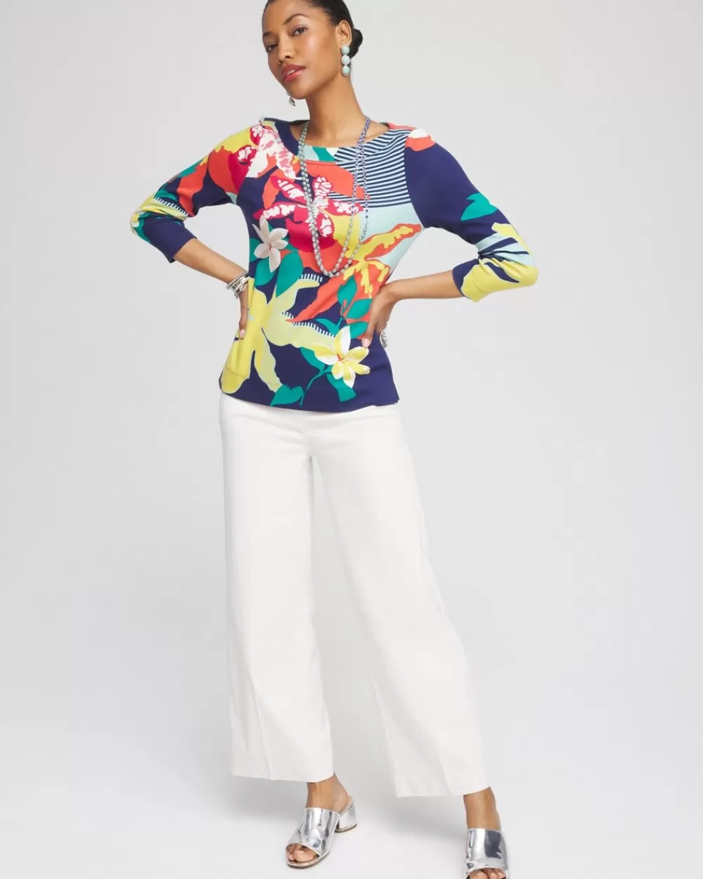 Cheap Floral 3/4 Sleeve Bateau Neck Tee Tops