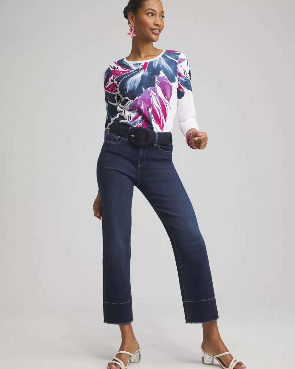 Best Sale Floral 3/4 Sleeve Button Tee Tops