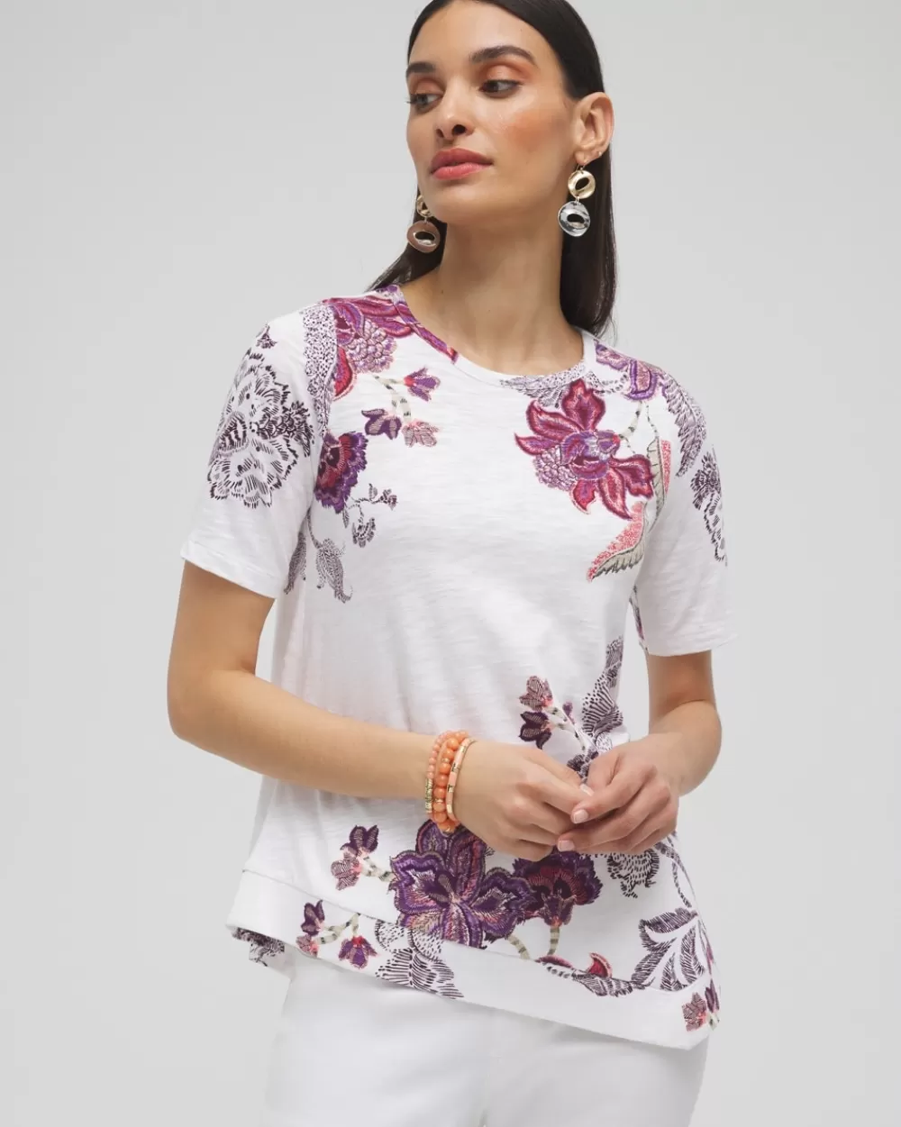 Shop Floral Asymmetrical Elbow Sleeve Tee Tops