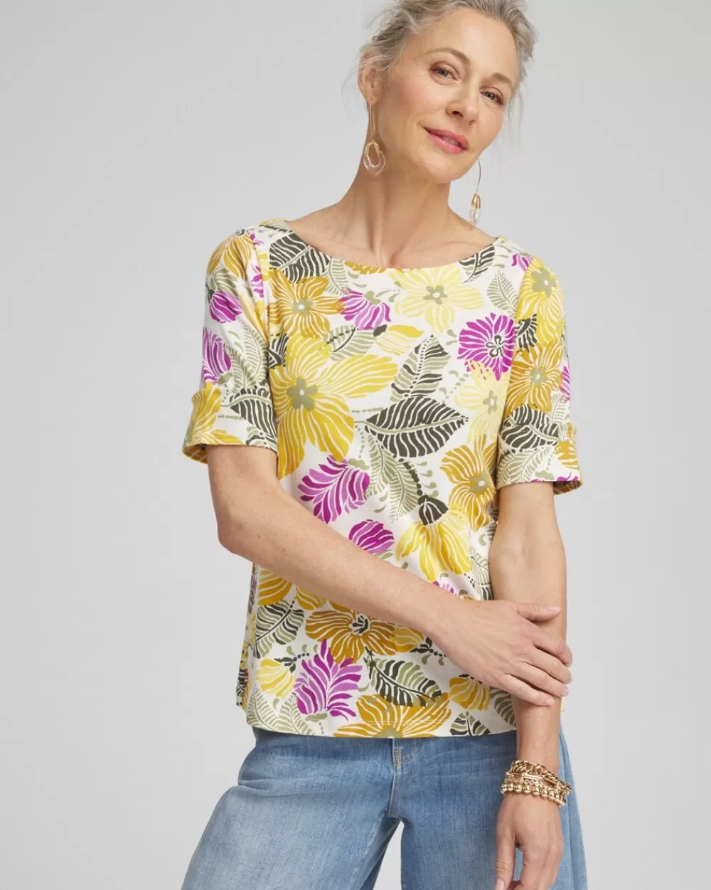 Flash Sale Floral Bateau Neck Tee Tops