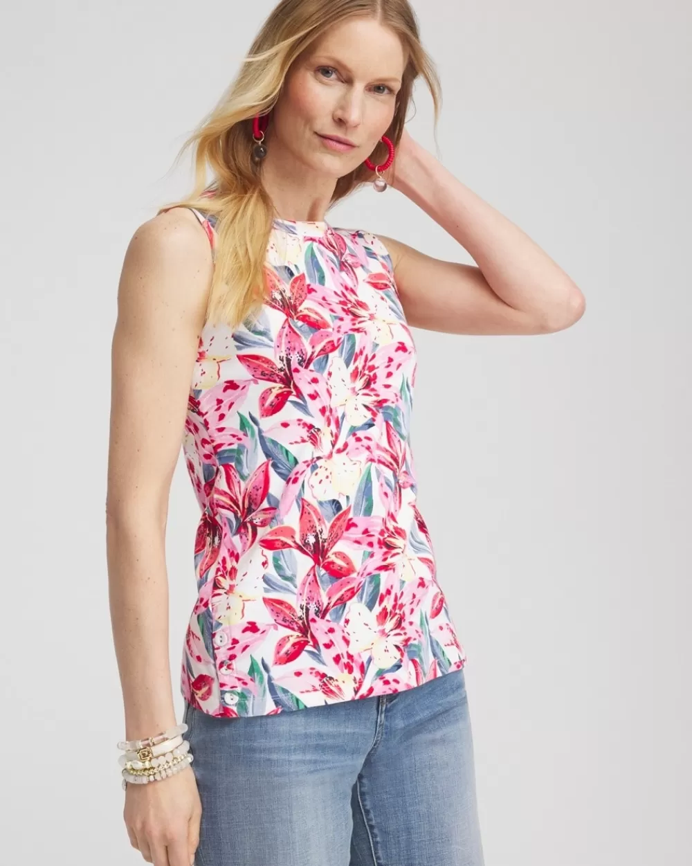 Store Floral Button Detail Tank Tops