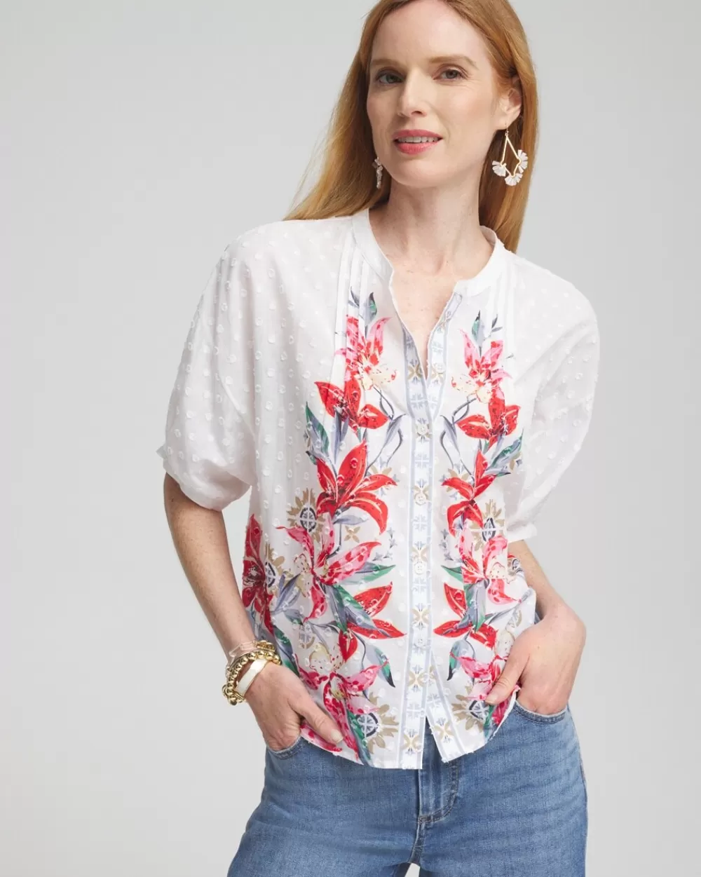 Clearance Floral Dolman Sleeve Cotton Shirt Tops