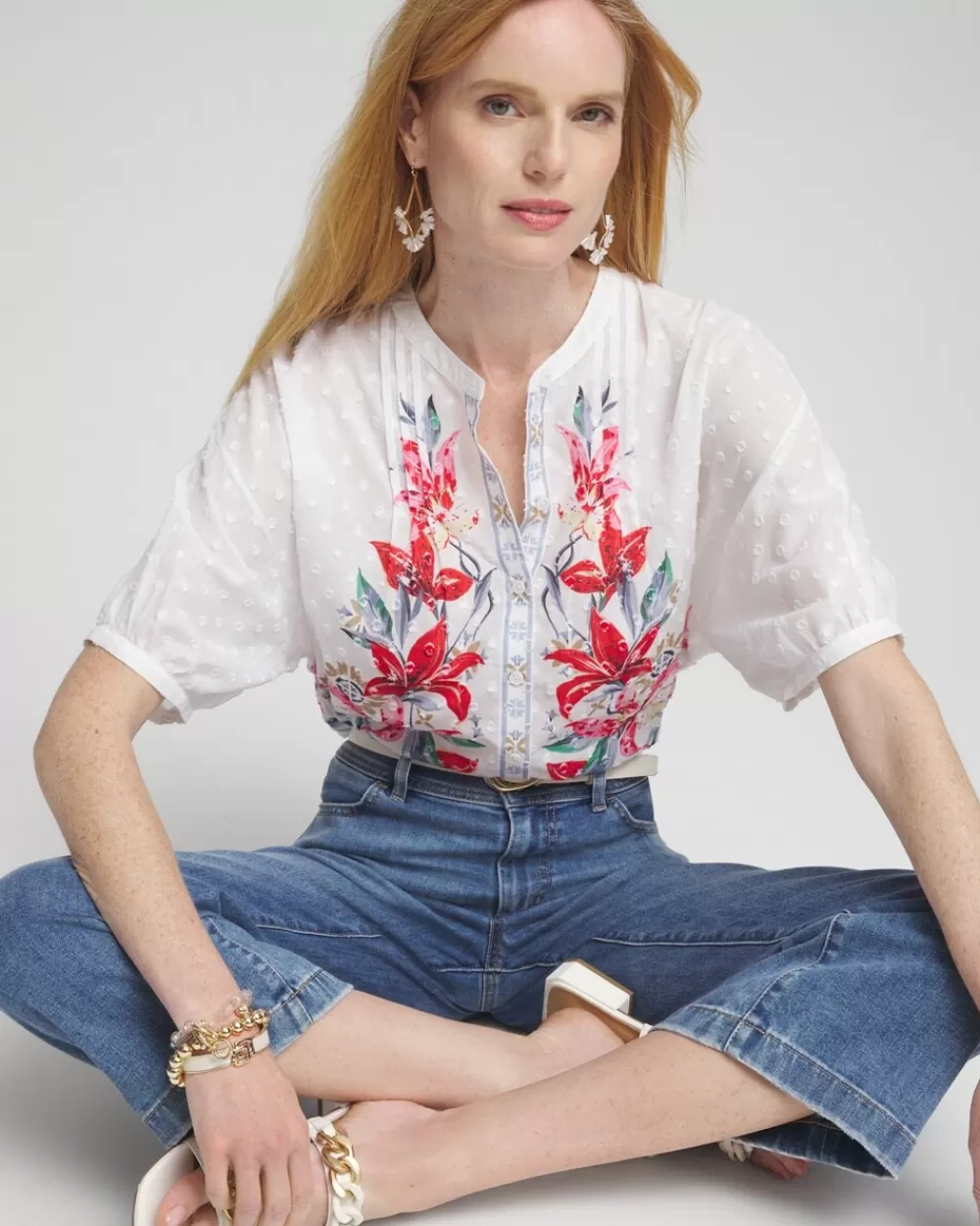 Clearance Floral Dolman Sleeve Cotton Shirt Tops