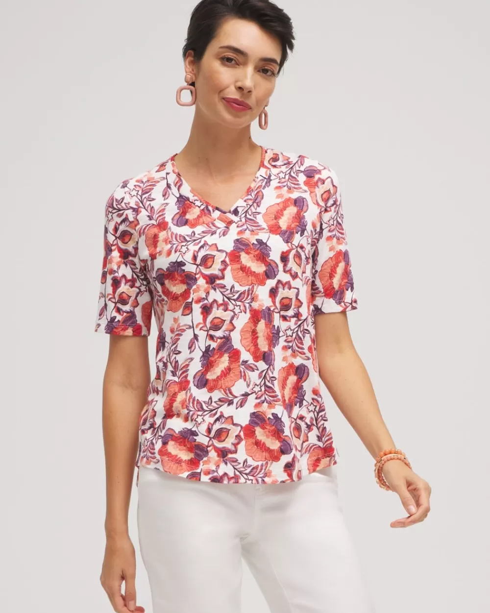 Sale Floral Elbow Sleeve A-line Tee Tops