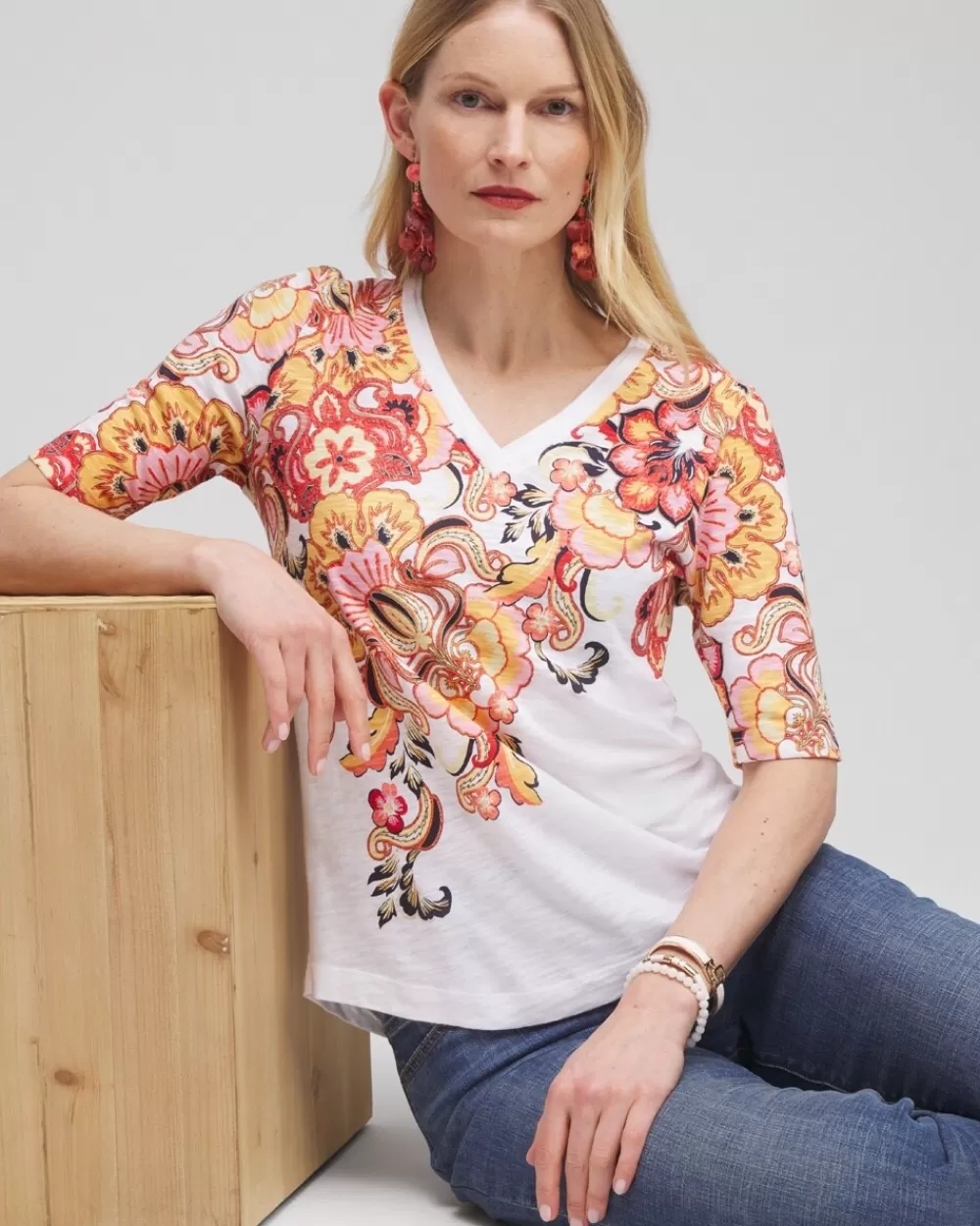 Best Floral Elbow Sleeve A-line Tee Tops