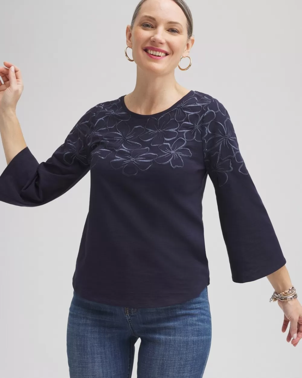 Flash Sale Floral Embroidered 3/4 Sleeve Top Tops