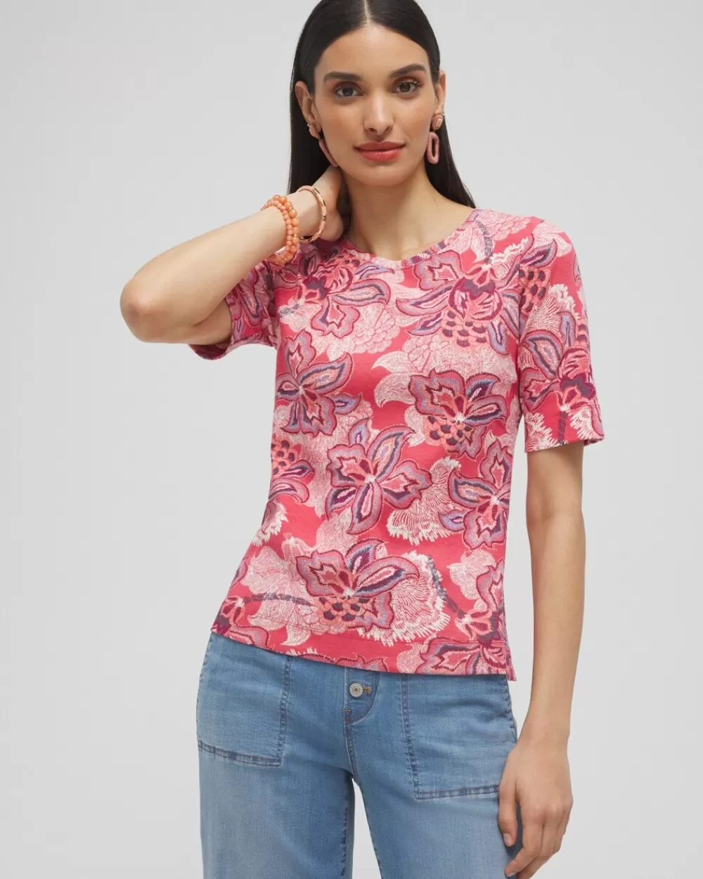 Sale Floral Everyday Elbow Sleeve Tee Tops