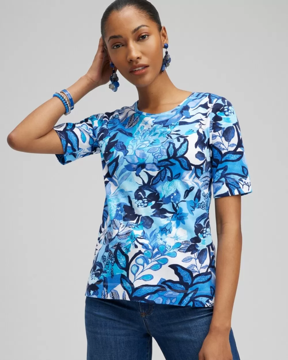 Online Floral Everyday Elbow Sleeve Tee Tops