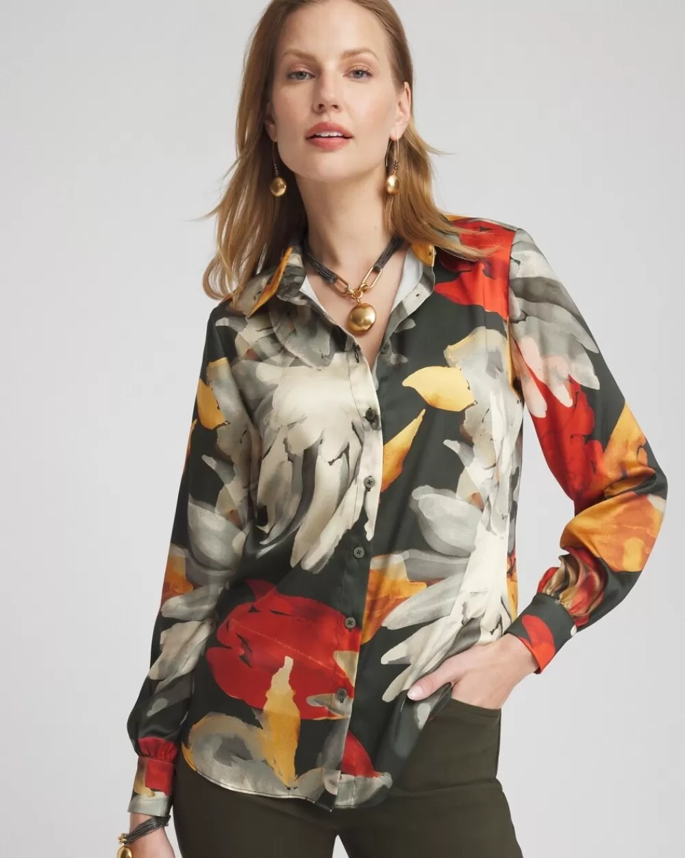 Clearance Floral Faux Silk Shirt Tops