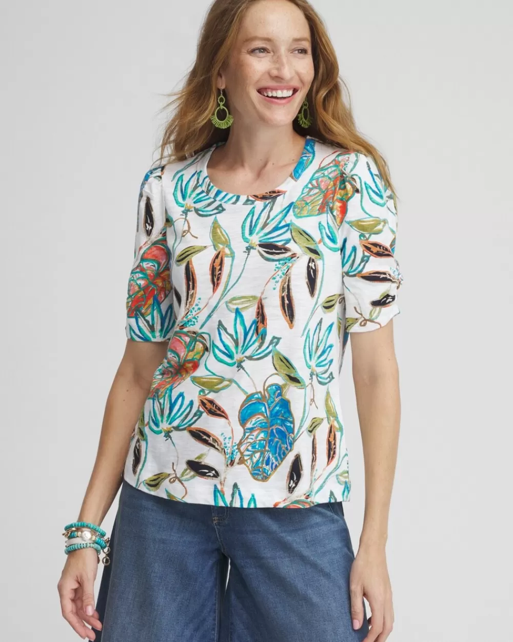 Fashion Floral Gathered Elbow Sleeve Tee Tops