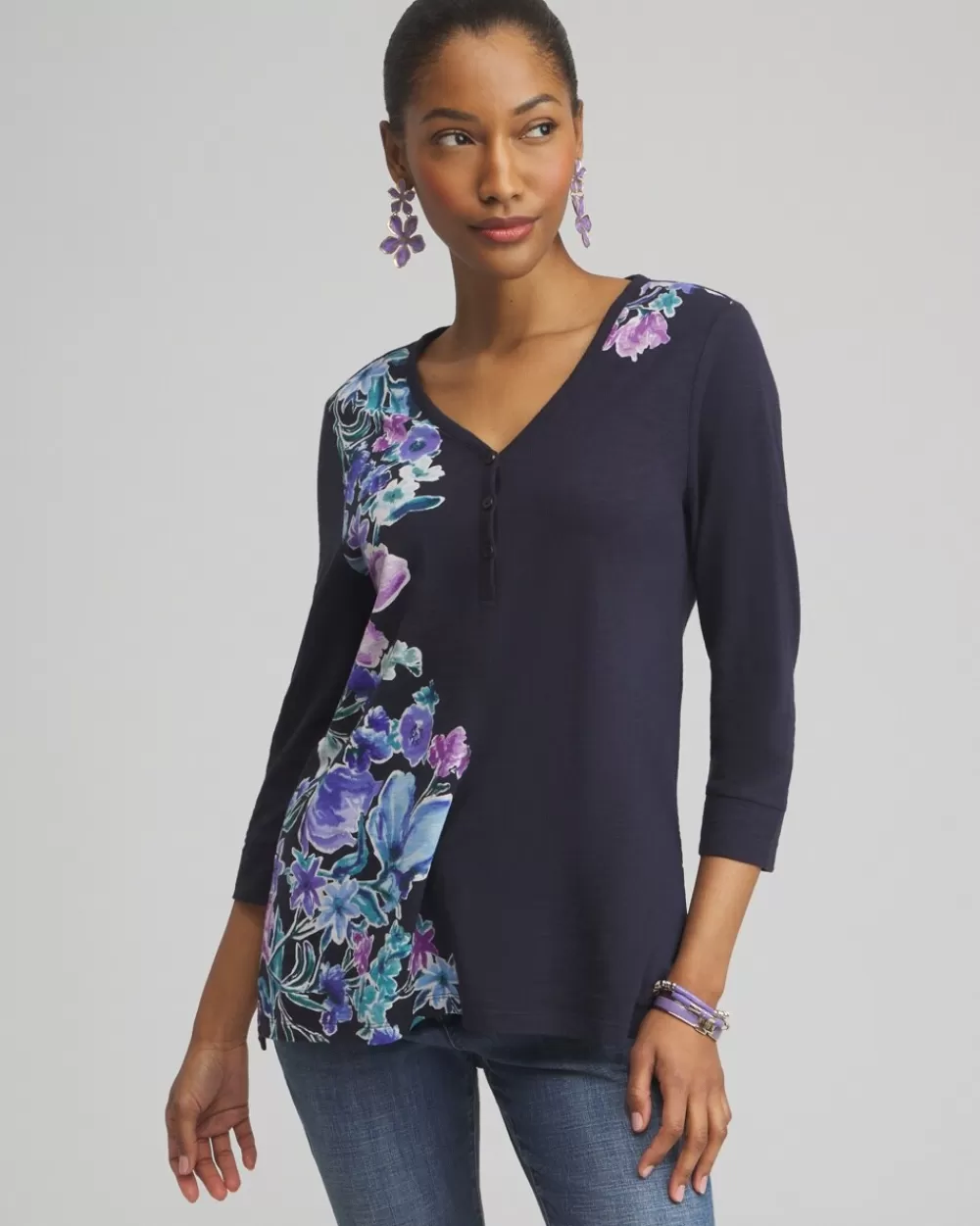 Fashion Floral Henley Side Slit Tunic Tops