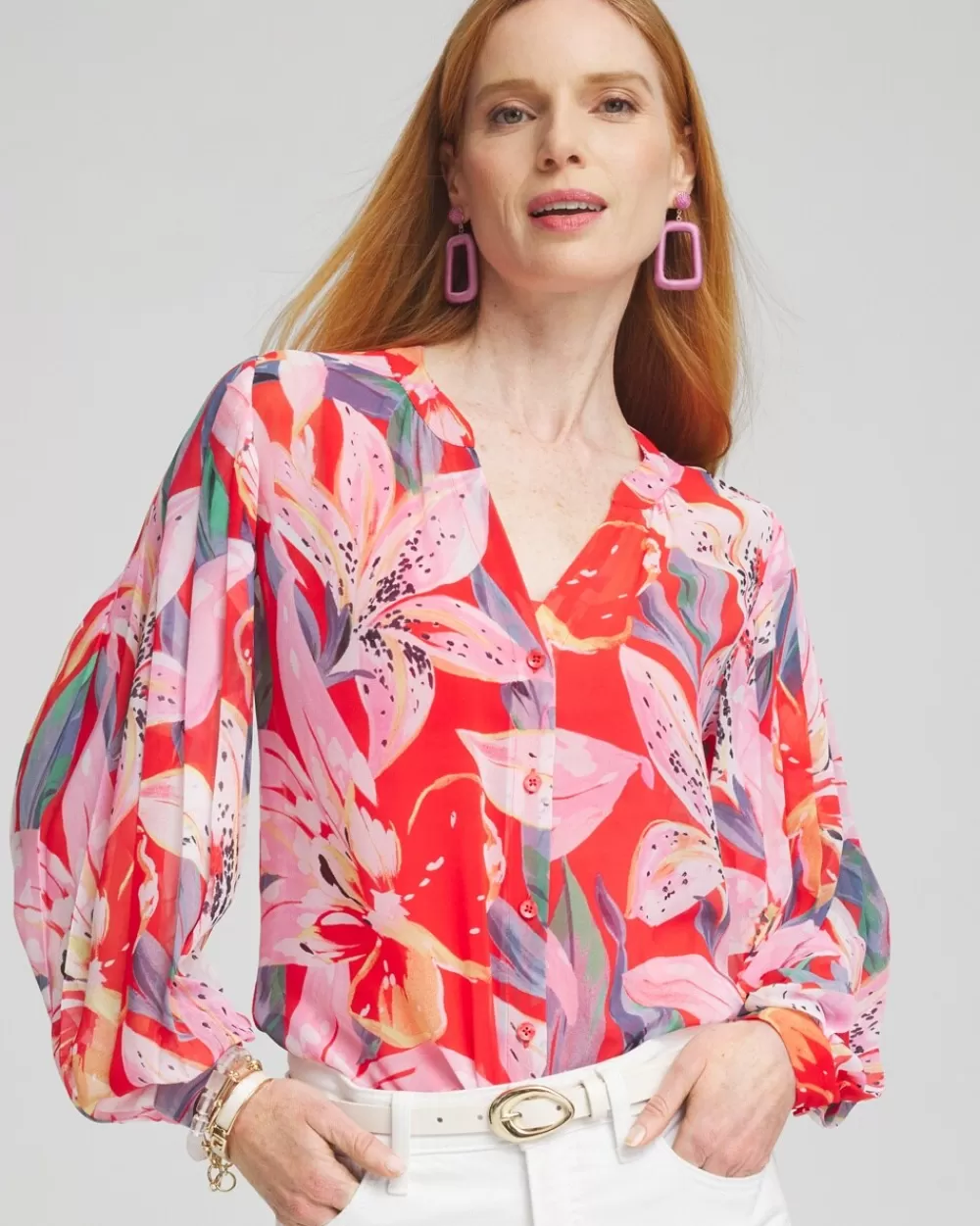 Fashion Floral Pleated Sleeve Blouse Tops