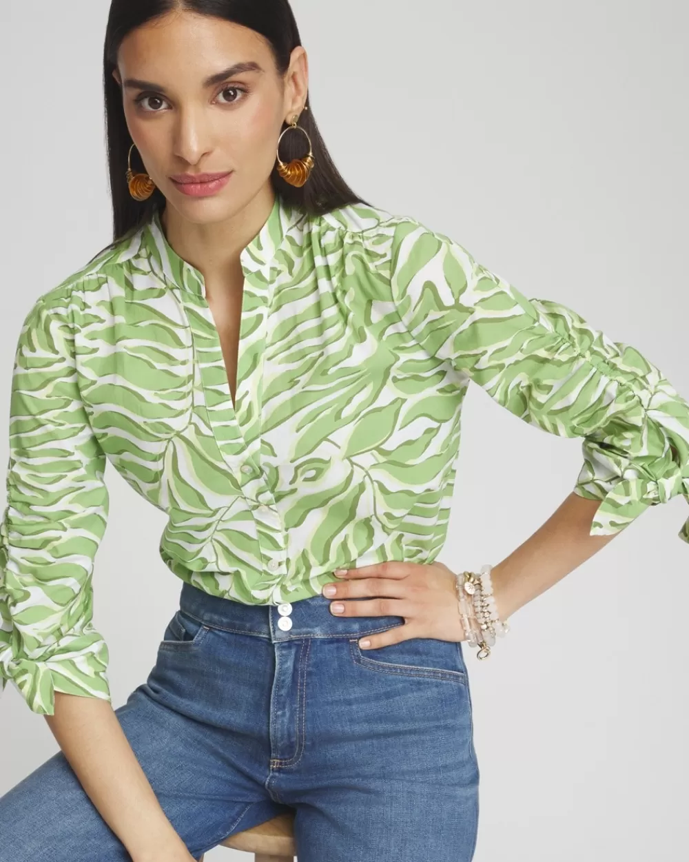 Sale Floral Ruched Sleeve Shirt Tops