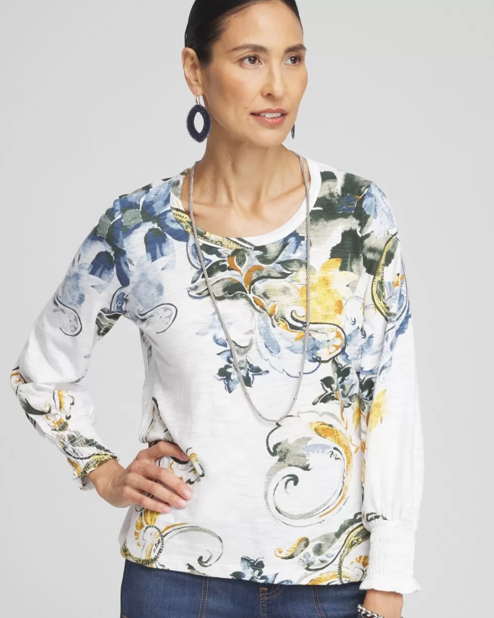 Shop Floral Smocked Sleeve Tee Tops