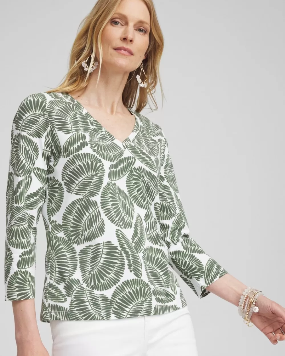 Clearance Foliage Print 3/4 Sleeve Perfect Tee Tops