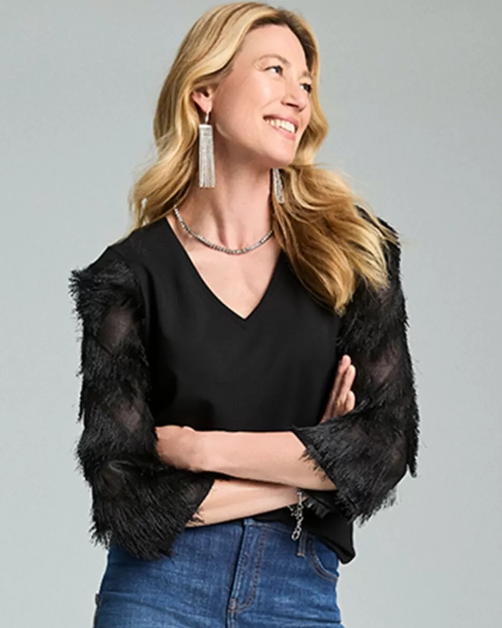 Cheap Fringe Sleeve Ponte Top Tops