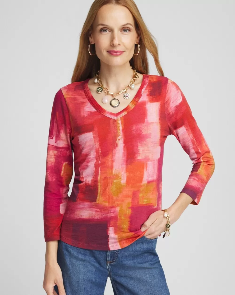 Online Geometric Print 3/4 Sleeve V-Neck Tee Tops