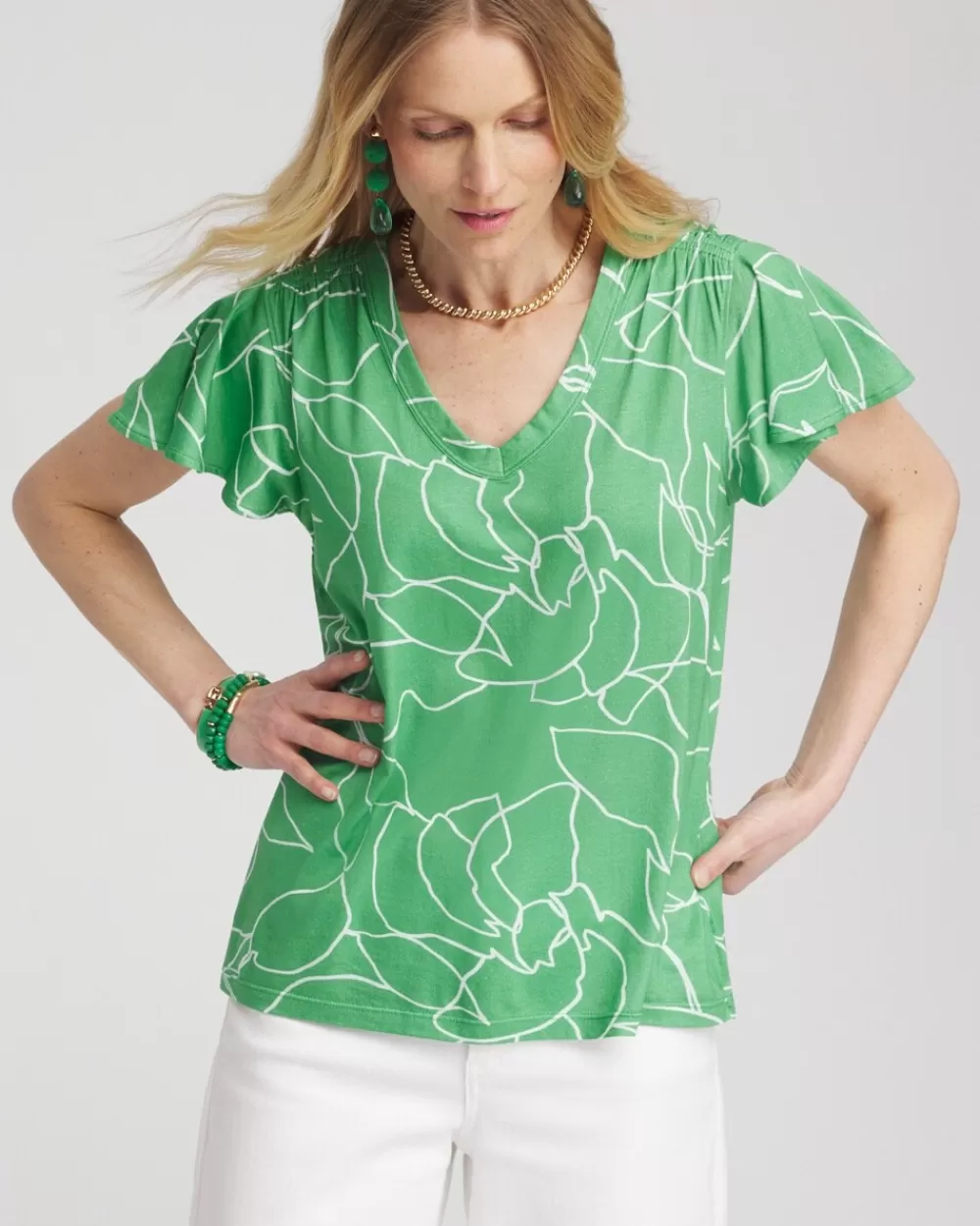 Cheap Green Lines Flutter Sleeve Tee Tops