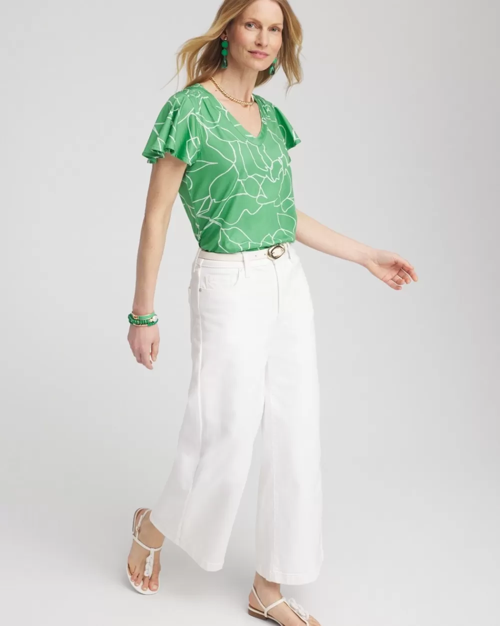 Cheap Green Lines Flutter Sleeve Tee Tops