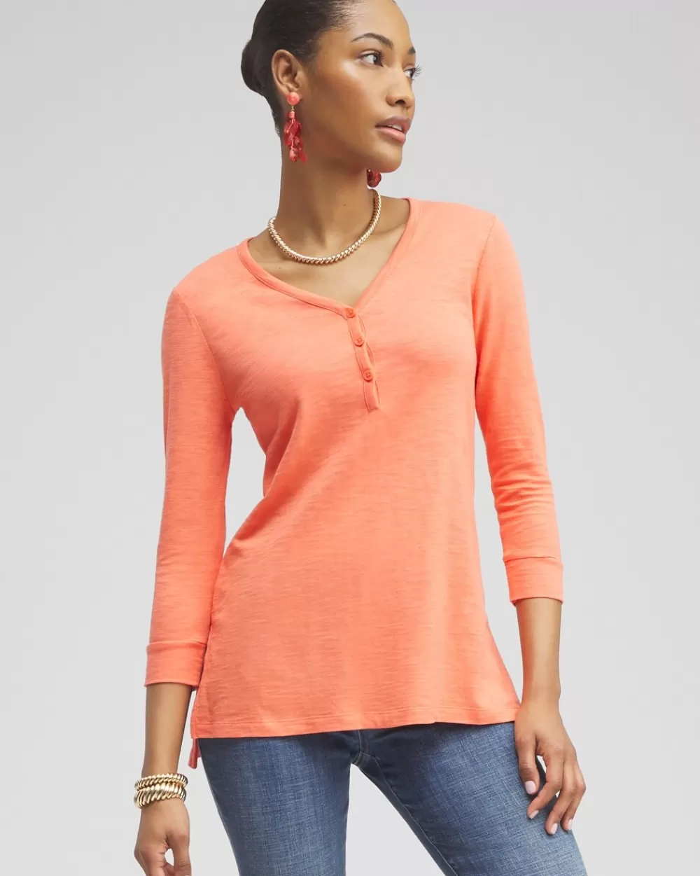 Cheap Henley Side Slit Tunic Tops