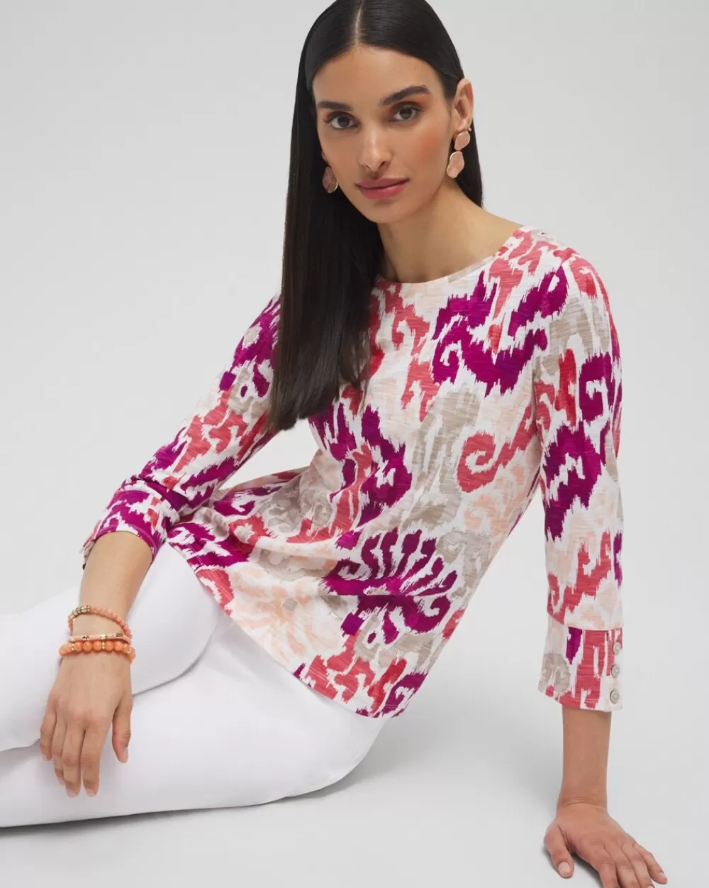 Clearance Ikat 3/4 Sleeve Button Tee Tops