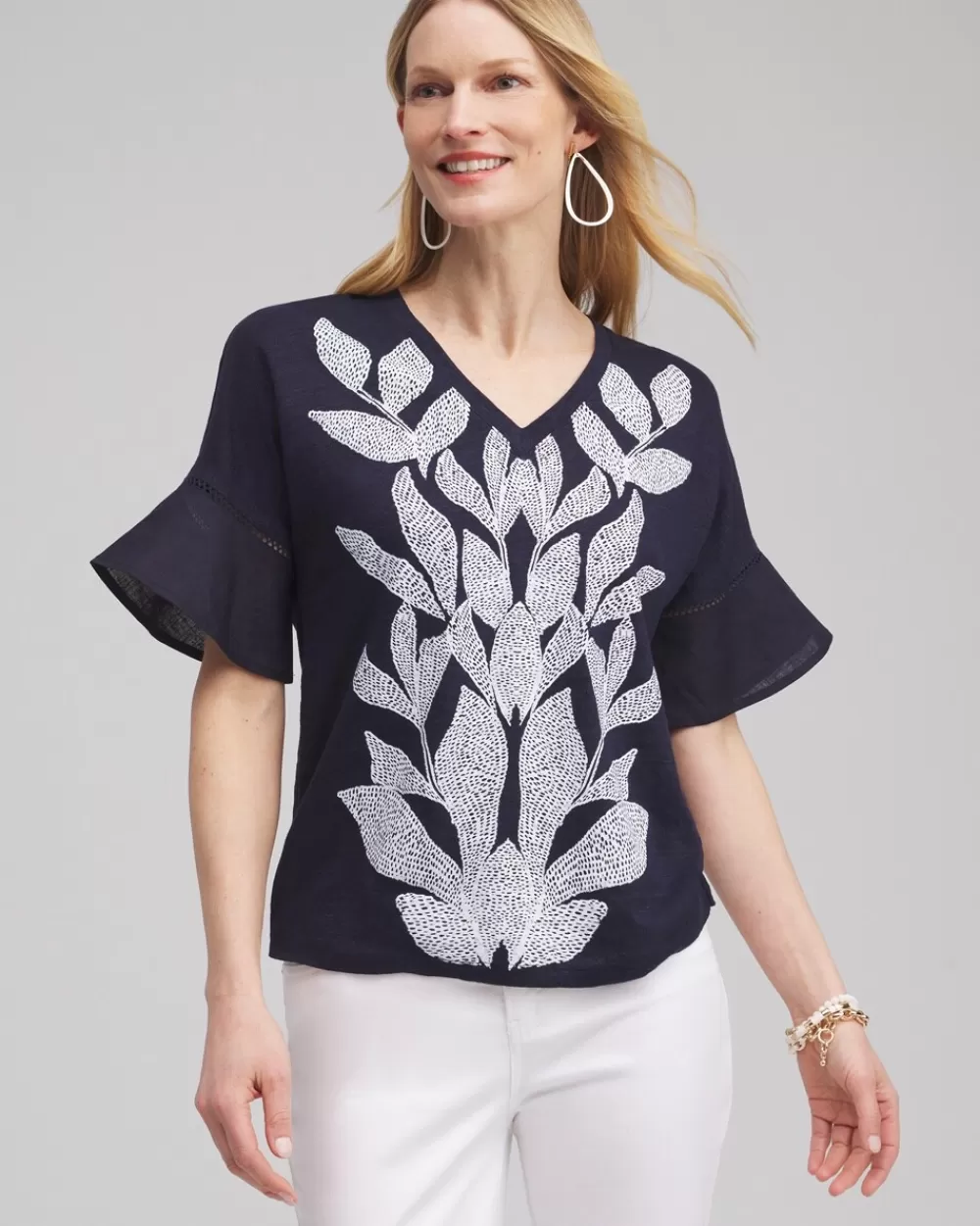 Shop Leaf Linen Blend Flutter Sleeve Top Tops